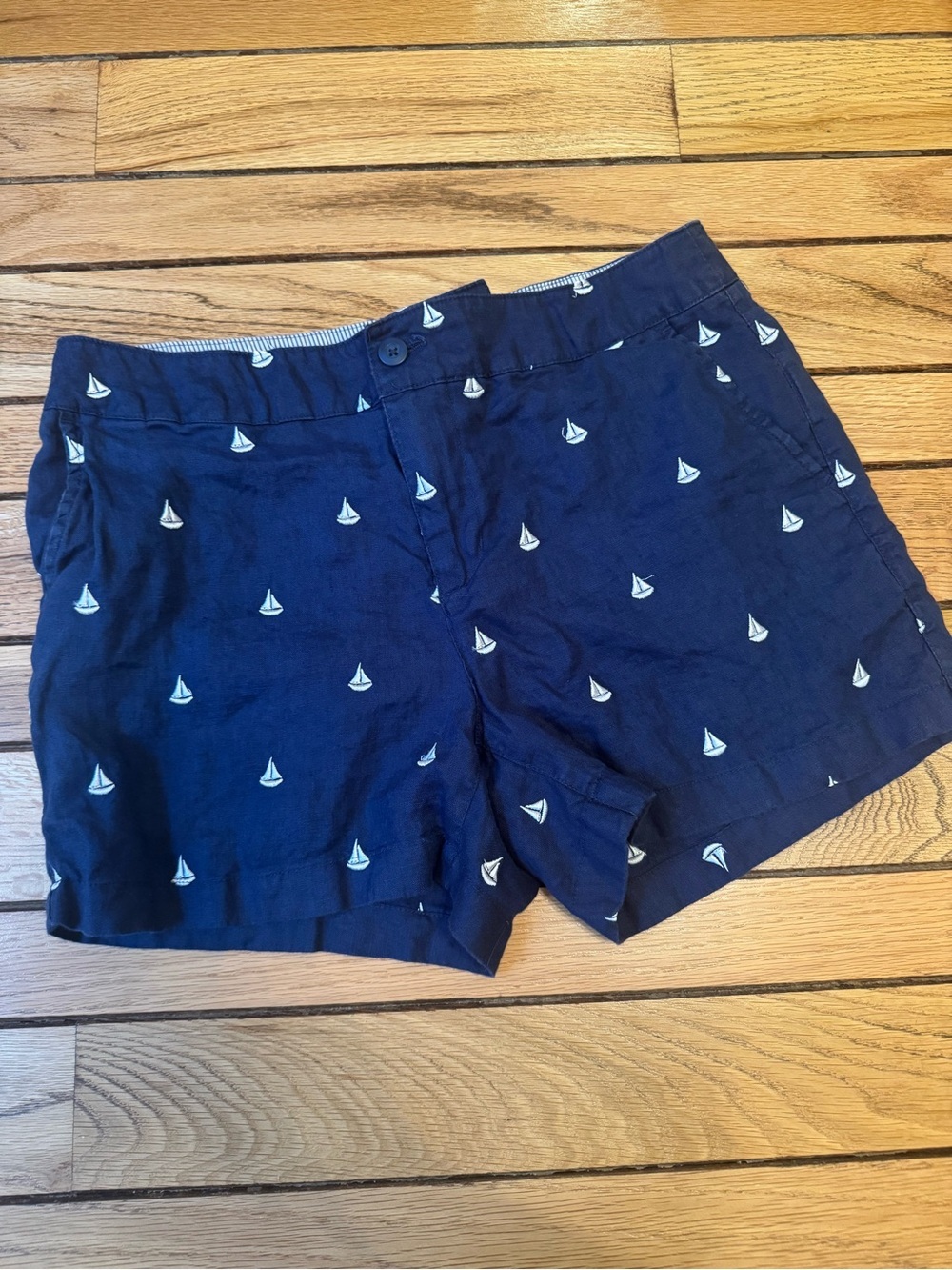 British Khaki Navy Blue Sailboat Embroidered Linen Women’s Shorts